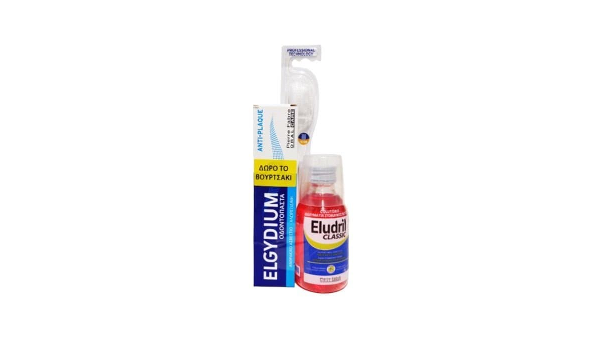 Eludril Classic 200ml+Elgydium Anti-Plaque Toothpaste 75ml+ Free Elgydium Clinic Toothbrush 15/100